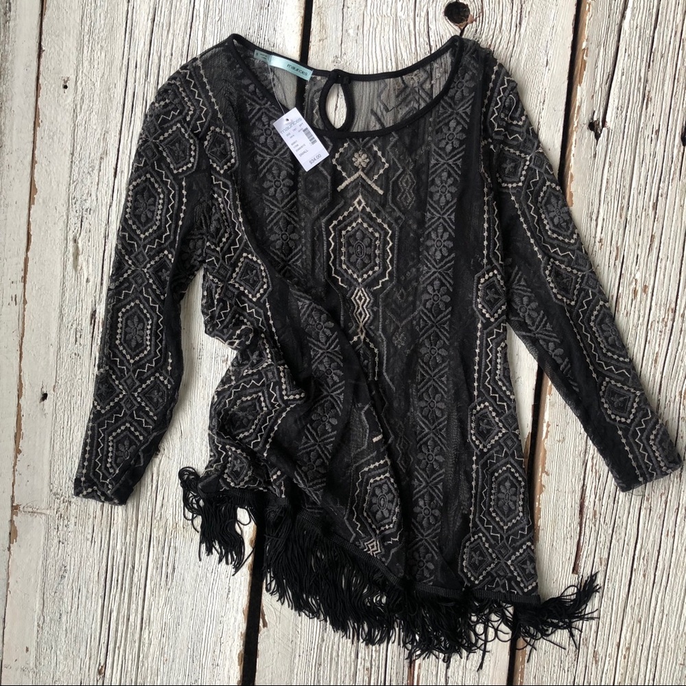 Boho women’s sheer fringe top NWT small cute boho